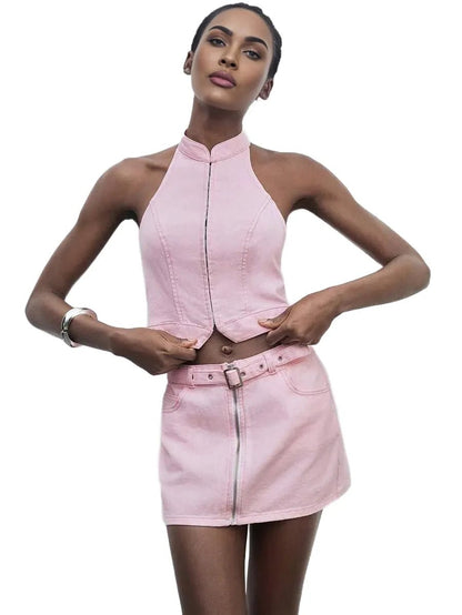Alberta Design denim bustier top set with pink skirt and belt - Pink