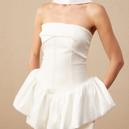 Alberta White Halterneck Layered Ruffled Hem Mini Dress