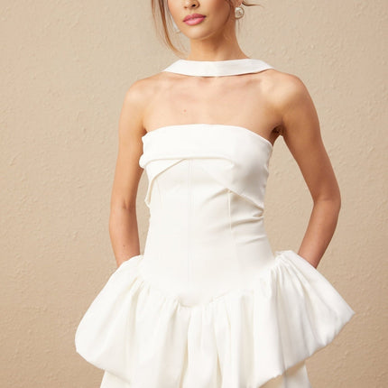 Alberta White Halterneck Layered Ruffled Hem Mini Dress