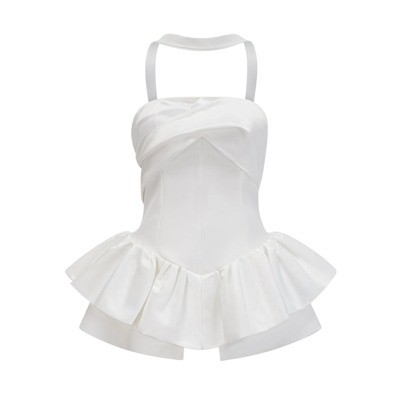 Alberta White Halterneck Layered Ruffled Hem Mini Dress