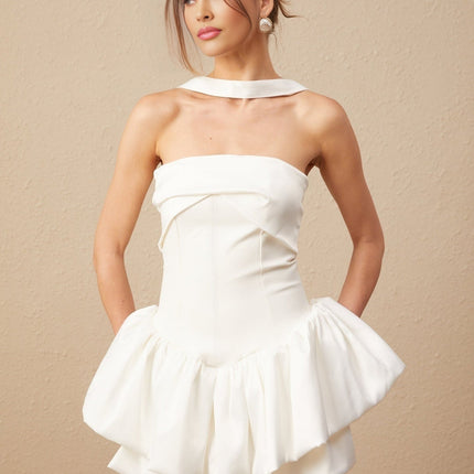 Alberta White Halterneck Layered Ruffled Hem Mini Dress Terylene Fiber Ruched Thigh-length Sleeveless Rear Zip Undershorts