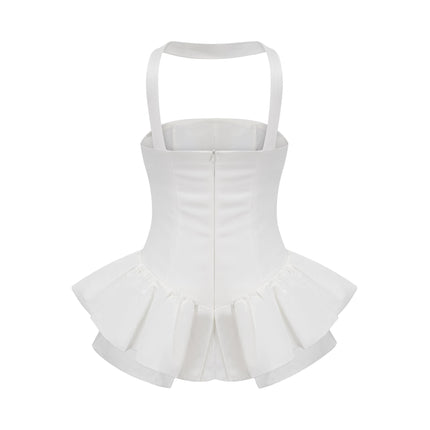 Alberta White Halterneck Layered Ruffled Hem Mini Dress