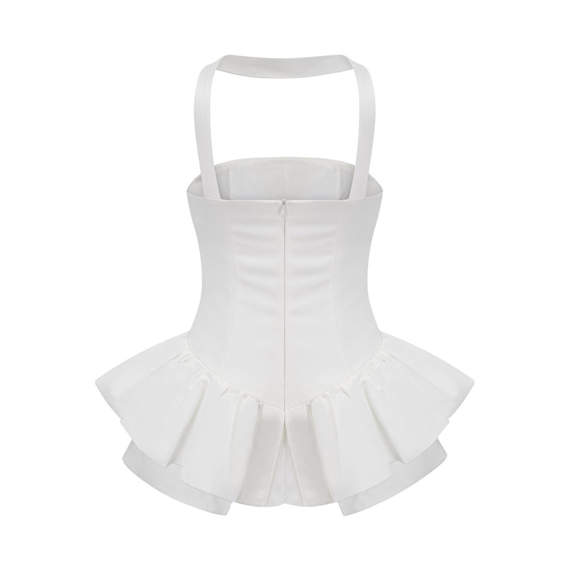 Alberta White Halterneck Layered Ruffled Hem Mini Dress