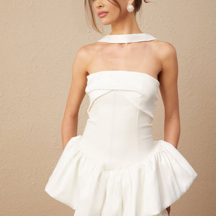Alberta White Halterneck Layered Ruffled Hem Mini Dress