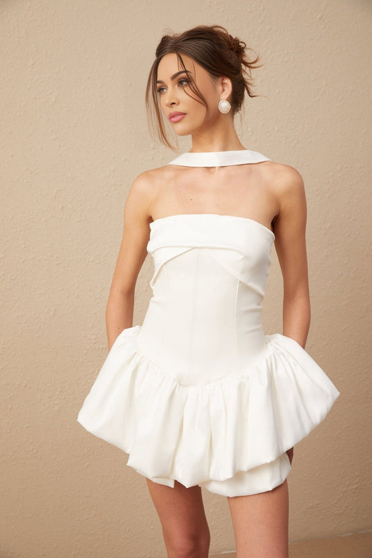 Alberta White Halterneck Layered Ruffled Hem Mini Dress