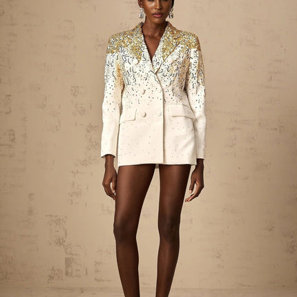 Alberta White Wool Silk Blazer Embroidered Sequin Studs