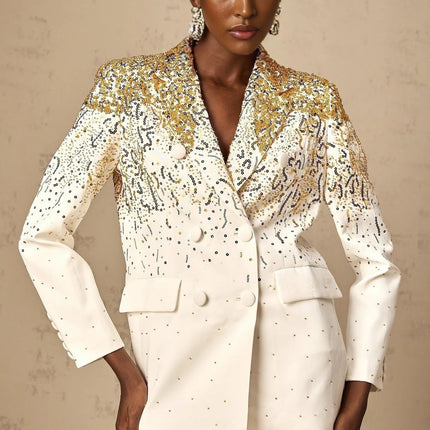 Alberta White Wool Silk Embroidered Blazer with Sequin and Stud Embellishments