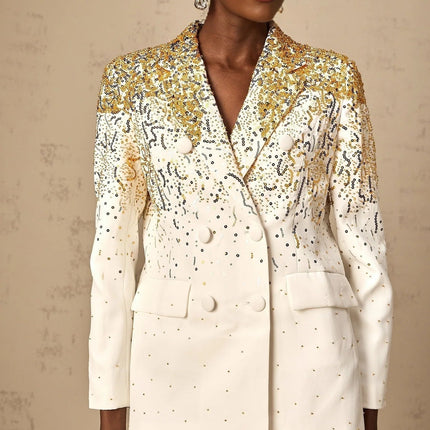 Alberta White Wool Silk Embroidered Blazer with Sequin and Stud Embellishments