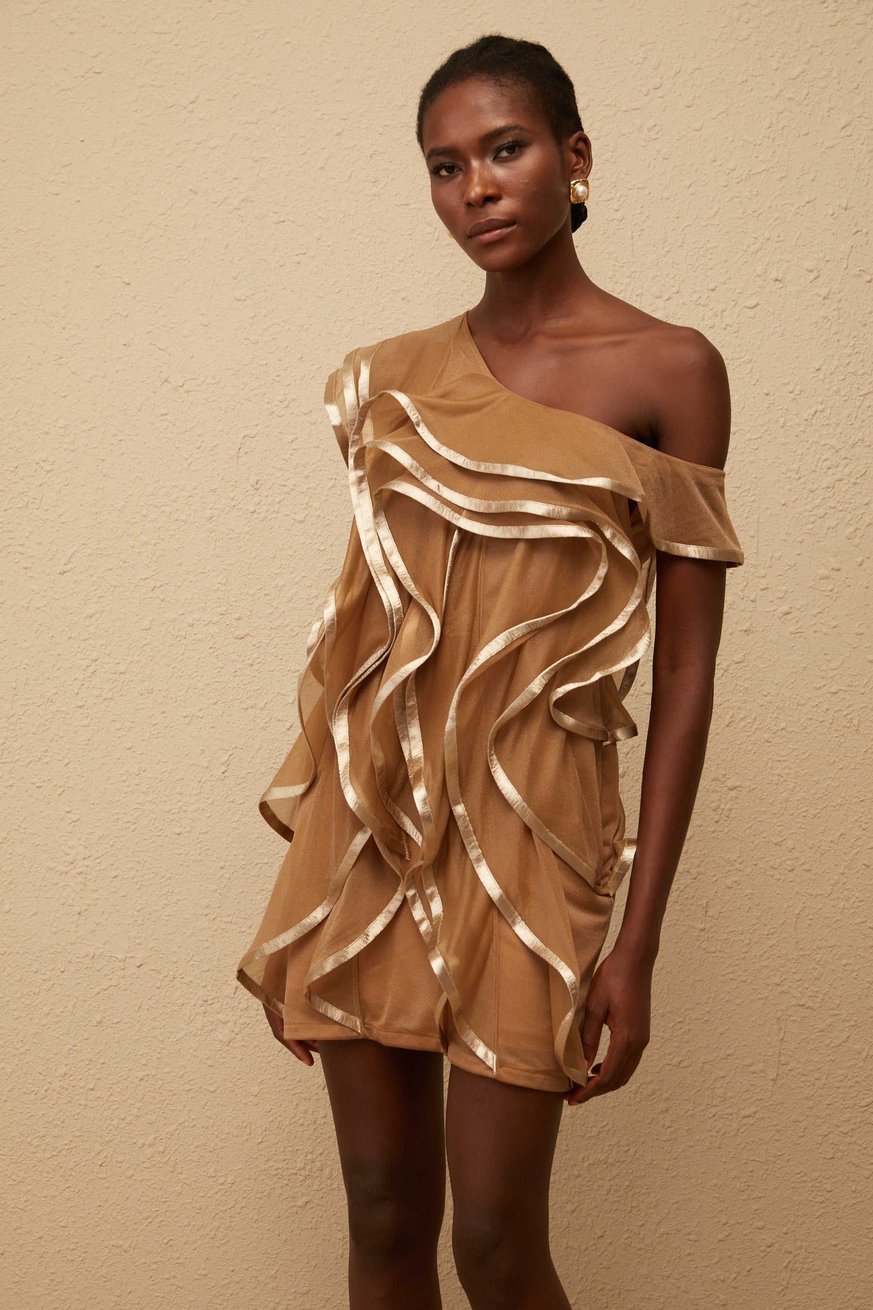 Alchimie Brown Ruffled Tulle Mini Dress