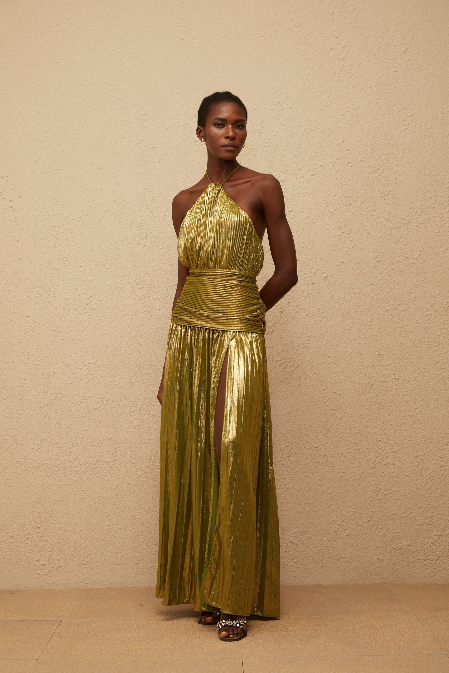 Alchimie Green Glossy Pleated Maxi Dress