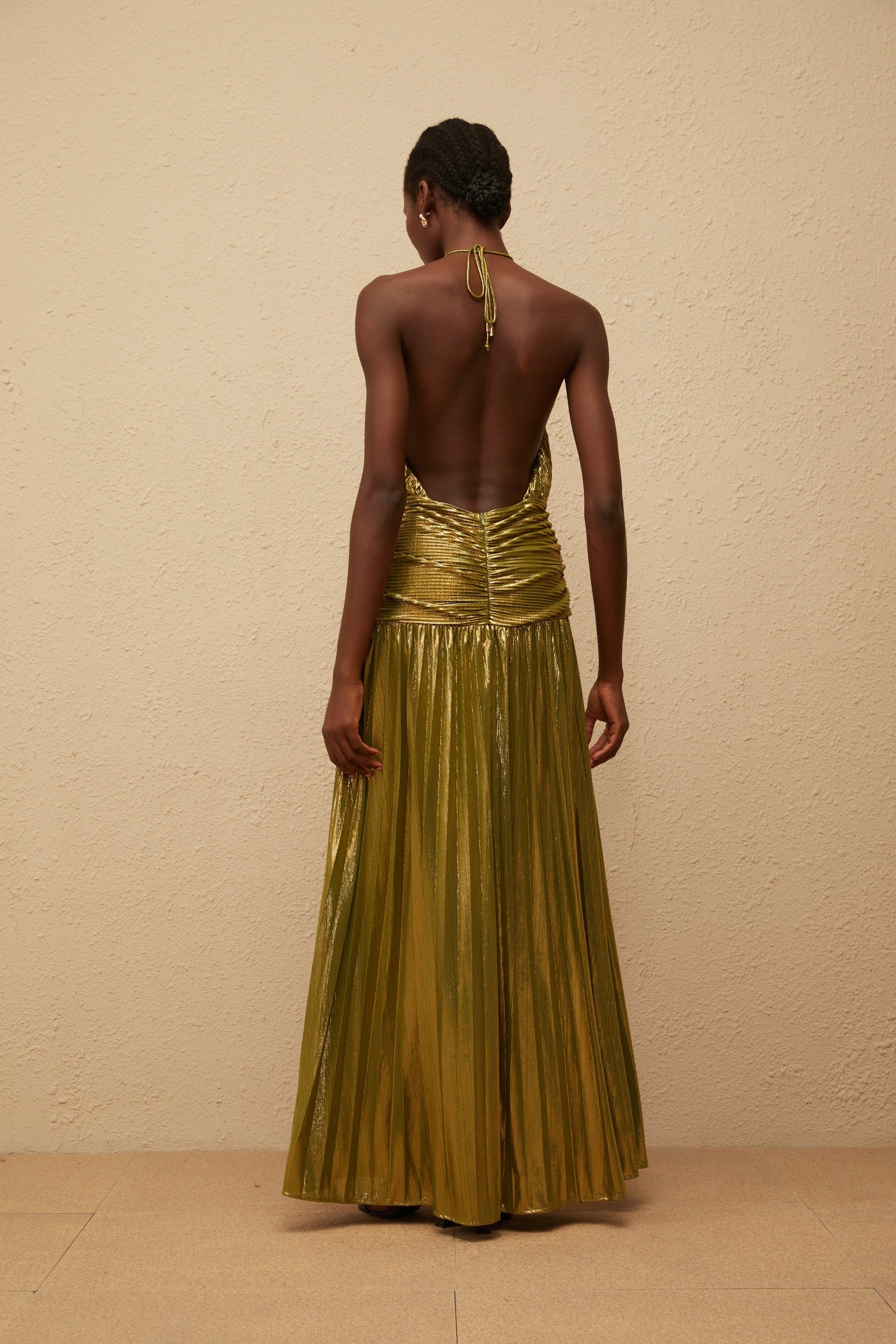 Alchimie Green Glossy Pleated Maxi Dress