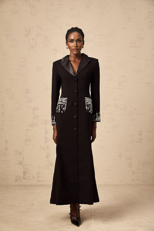 Alessandra Black Maxi Dress with Crystal Embellishments and Peak Lapels
