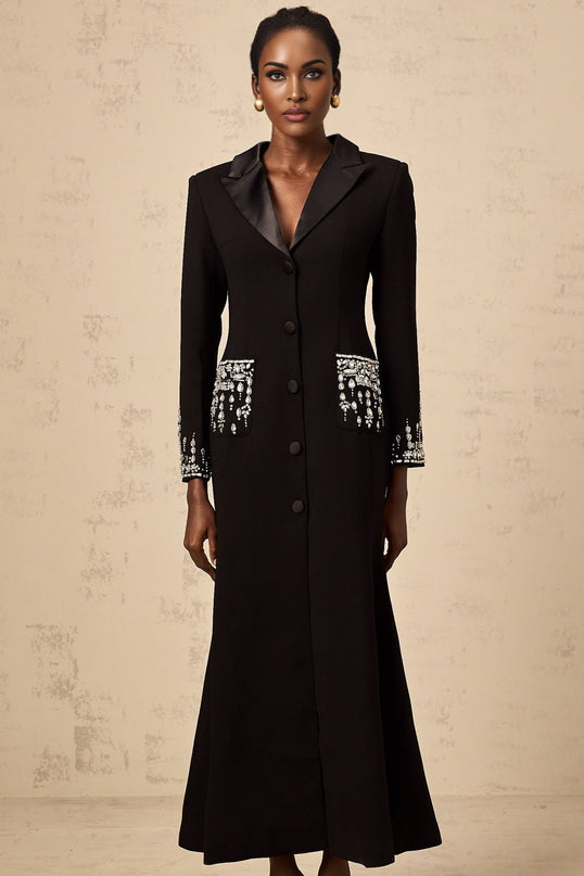 Alessandra Black Maxi Dress with Crystal Embellishments and Peak Lapels