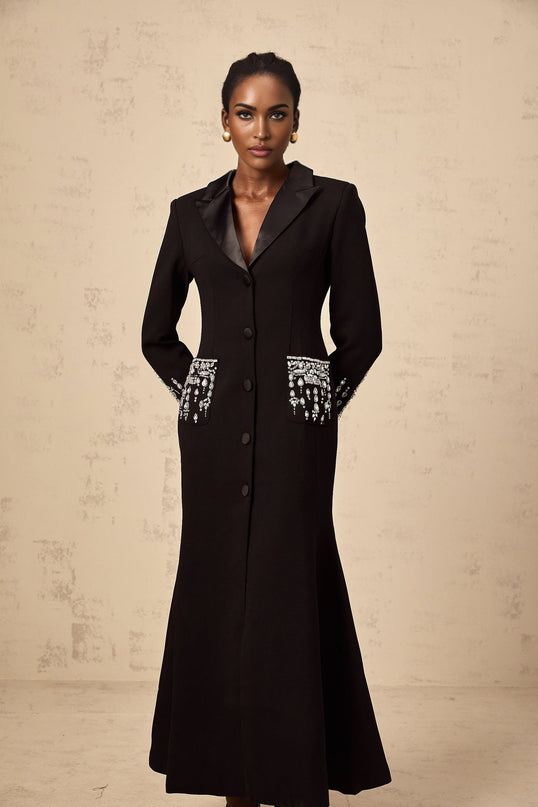 Alessandra Black Maxi Dress with Crystal Embellishments and Peak Lapels