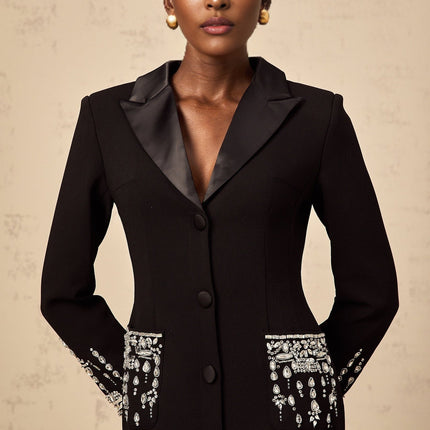 Alessandra Black Maxi Dress with Crystal Embellishments and Peak Lapels