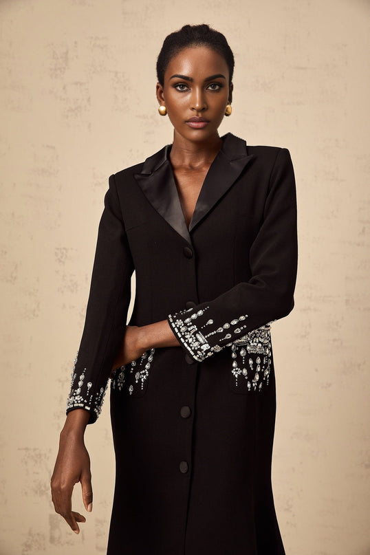 Alessandra Black Maxi Dress with Crystal Embellishments and Peak Lapels