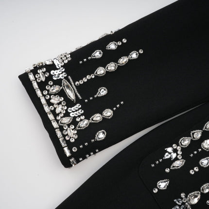 Alessandra Black Maxi Dress with Crystal Embellishments and Peak Lapels