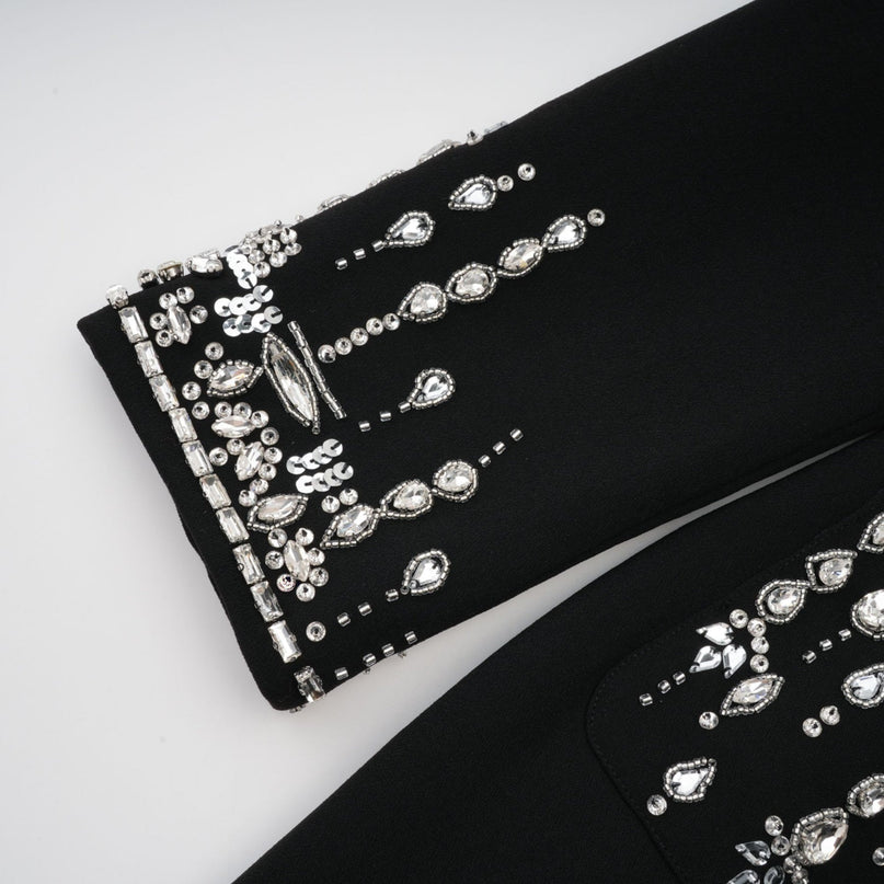 Alessandra Black Maxi Dress with Crystal Embellishments and Peak Lapels