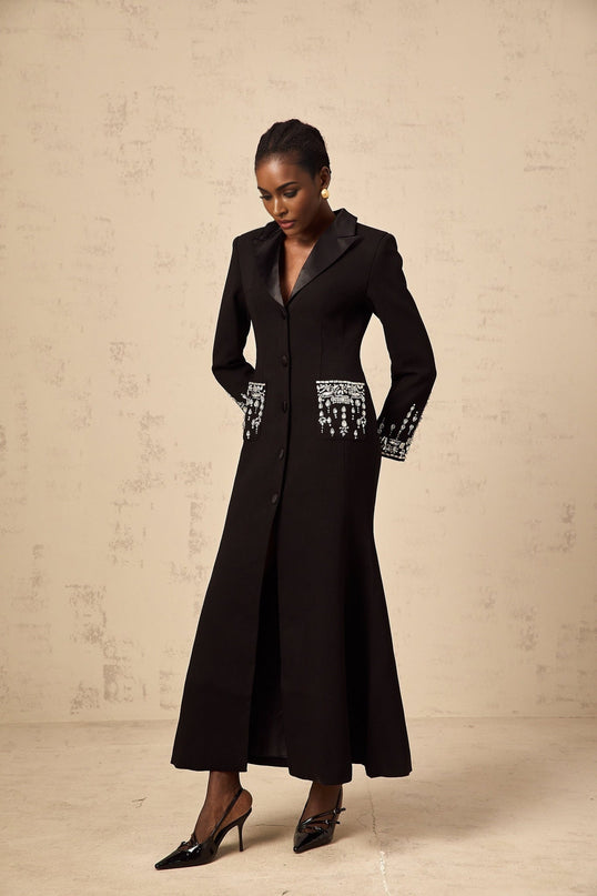 Alessandra Black Maxi Dress with Crystal Embellishments and Peak Lapels