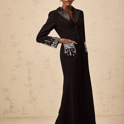 Alessandra Black Maxi Dress with Crystal Embellishments and Peak Lapels