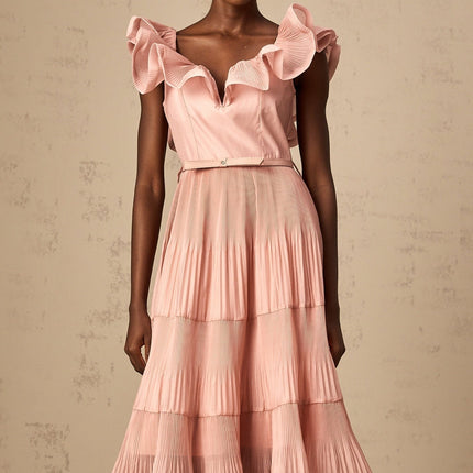 Alessandra Coral Pink Midi Dress with Sweetheart Neckline and Flared Skirt