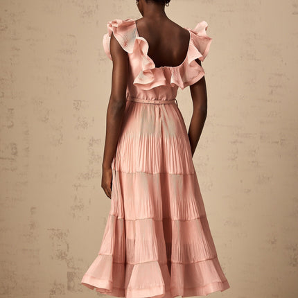 Alessandra Coral Pink Midi Dress Sweetheart Neckline Flared Skirt