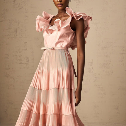 Alessandra Coral Pink Midi Dress Sweetheart Neckline Flared Skirt