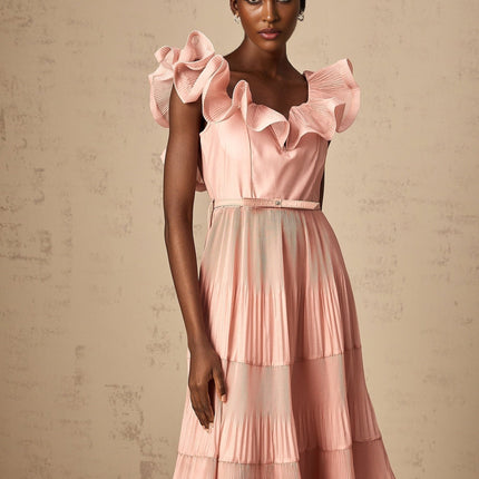 Alessandra Coral Pink Midi Dress Sweetheart Neckline Flared Skirt