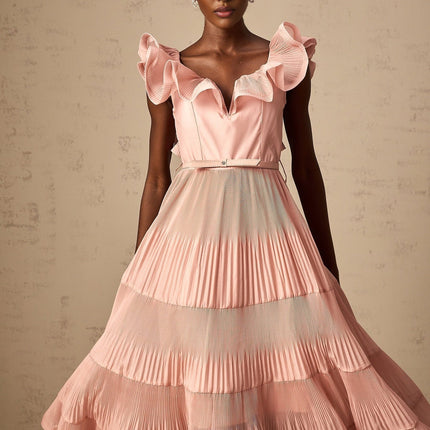 Alessandra Coral Pink Midi Dress Sweetheart Neckline Flared Skirt Detachable Belt Open Back Peplum Hem Frilled Trim Calf-Length Silhouette Concealed Rear Hook Zip Fastening 80% Polyester 20% Cotton