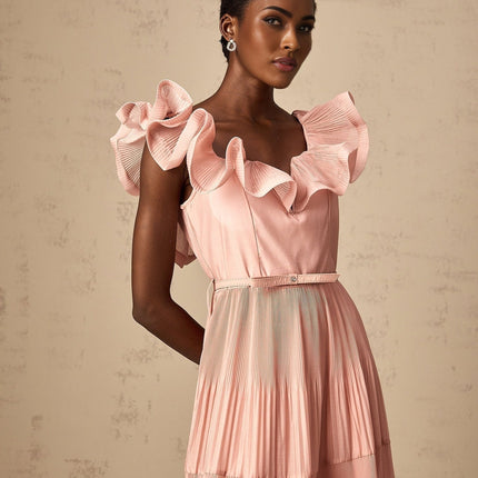 Alessandra Coral Pink Midi Dress Sweetheart Neckline Flared Skirt