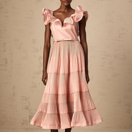 Alessandra Coral Pink Midi Dress Sweetheart Neckline Flared Skirt