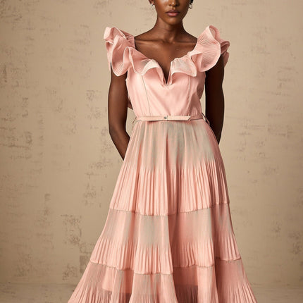 Alessandra Coral Pink Midi Dress Sweetheart Neckline Flared Skirt