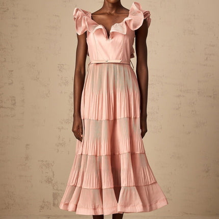 Alessandra Coral Pink Midi Dress Sweetheart Neckline Flared Skirt Detachable Belt Open Back Peplum Hem Frilled Trim Calf-Length Silhouette Concealed Hook Zip Fastening Polyester Cotton