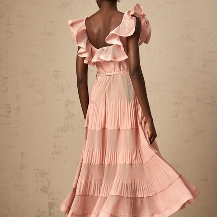 Alessandra Coral Pink Midi Dress Sweetheart Neckline Flared Skirt