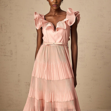 Alessandra Coral Pink Midi Dress Sweetheart Neckline Flared Skirt