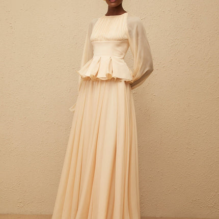 Alessandra Neutrals Blouse Skirt Set Luxurious Chiffon Peplum Waist Flared Cuffs High-Rise Silhouette Shirred Effect Rear Closures Modern Elegance Glamour Sophistication Day Evening Timeless Style Impeccable Craftsmanship