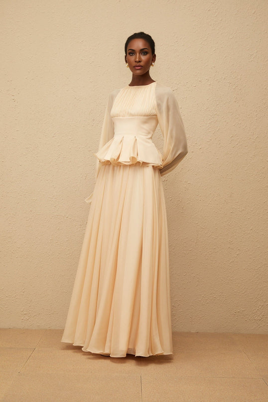 Alessandra Neutrals Blouse Skirt Set Luxurious Chiffon Peplum Waist Flared Cuffs High-Rise Silhouette Shirred Effect Rear Closures Modern Elegance Glamour Sophistication Day Evening Timeless Style Impeccable Craftsmanship