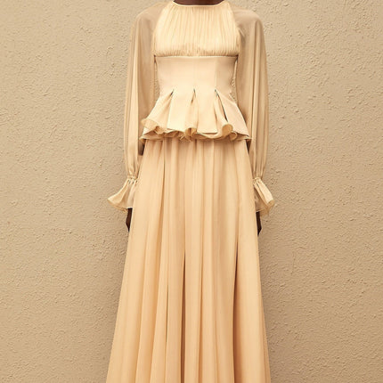 Alessandra Neutrals Blouse Skirt Set Luxurious Chiffon Peplum Waist Flared Cuffs High-rise Silhouette Shirred Effect Rear Closures Modern Elegance Glamour Sophistication Day Evening Timeless Style Craftsmanship