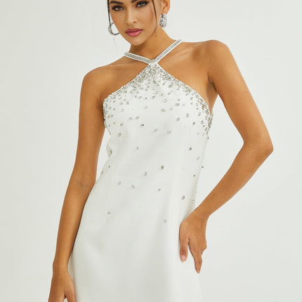 Alessandra White Embellished Halter Mini Dress