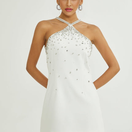 Alessandra White Embellished Halter Mini Dress