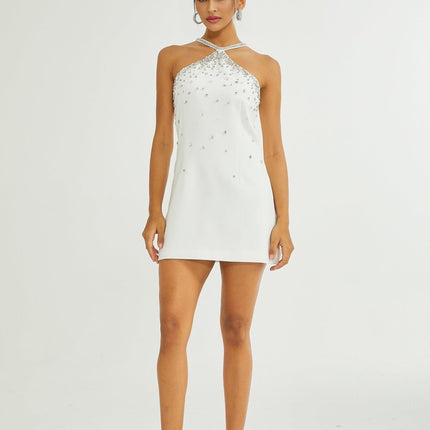 Alessandra White Embellished Halter Mini Dress
