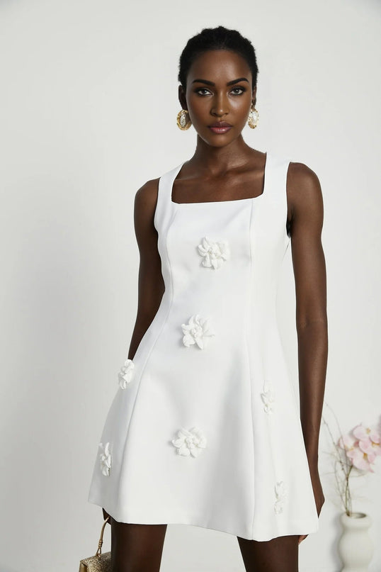 Alessandra White Mini Dress with Faux-Flower Embellishment Square Neck and Flared Skirt Rear Zip Fastening Thigh-Length 79% Polyester 21% Elastane