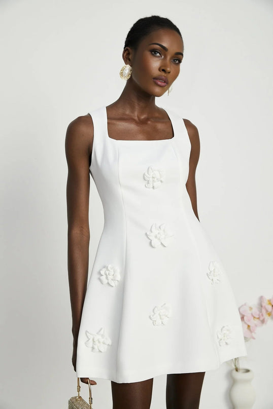 Alessandra White Mini Dress with Faux-Flower Embellishment Square Neck and Flared Skirt Rear Zip Fastening Thigh-Length 79% Polyester 21% Elastane