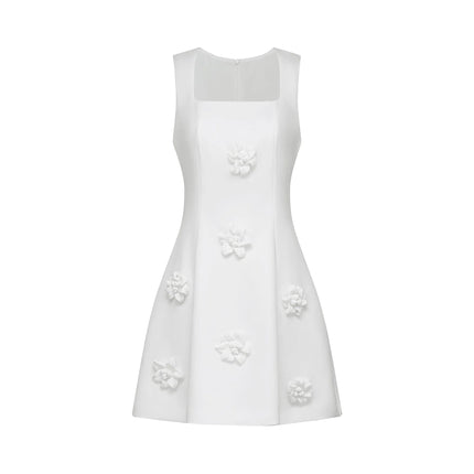 Alessandra White Mini Dress with Faux-Flower Embellishment Square Neck and Flared Skirt Rear Zip Fastening Thigh-Length 79% Polyester 21% Elastane