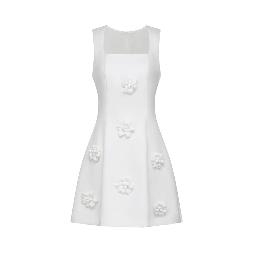 Alessandra White Mini Dress with Faux-Flower Embellishment Square Neck and Flared Skirt Rear Zip Fastening Thigh-Length 79% Polyester 21% Elastane
