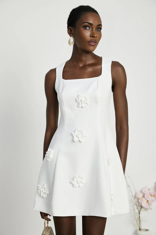 Alessandra White Mini Dress with Faux-Flower Embellishment Square Neck and Flared Skirt Rear Zip Fastening Thigh-Length 79% Polyester 21% Elastane