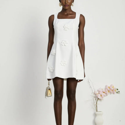 Alessandra White Sleeveless Mini Dress with Faux-Flower Embellishment