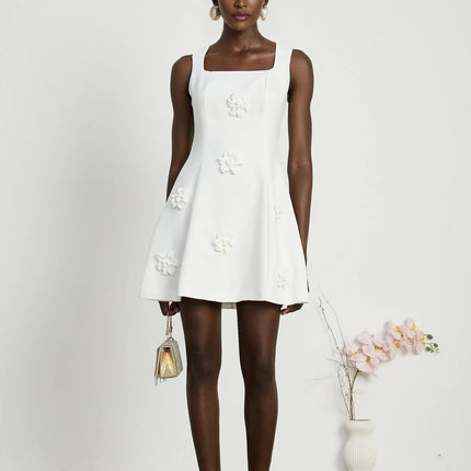 Alessandra White Mini Dress with Faux-Flower Embellishment and Square Neck