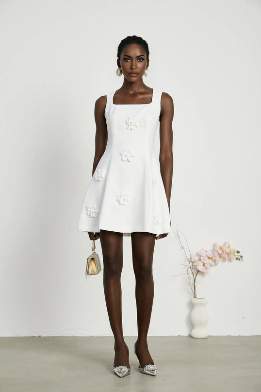 Alessandra White Mini Dress with Faux-Flower Embellishment and Square Neck