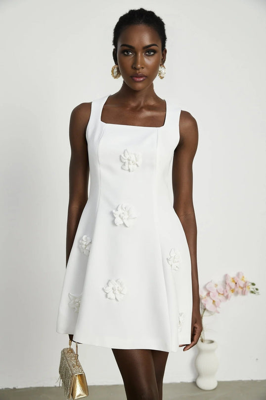 Alessandra White Mini Dress with Faux-Flower Embellishment